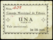 Fiñana (Almería). Consejo Municipal. 1 peseta. (KG. falta) (RGH. 2458). Mancha. Rarísimo. MBC-.