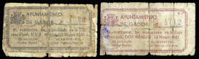 Gádor (Almería). Ayuntamiento. 2 reales y 1 peseta. (KG. 375) (RGH. 2591 y 2592 sin imagen). 2 billetes, el de peseta pegado sobre un trozo de papel d...