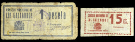 Los Gallardos (Almería). Consejo Municipal. 15 céntimos y 1 peseta. (KG. 378 y 378a) (RGH. 2602 y 2604). 2 billetes. Raros. BC-/BC+.