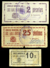 Los Gallardos (Almería). Consejo Municipal. 10, 25 céntimos y 2 pesetas. (KG. 378 y 378a) (RGH. 2600, 2603 y 2606). 3 billetes. Raros. BC-/MBC.