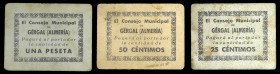 Gérgal (Almería). Consejo Municipal. 25, 50 céntimos y 1 peseta. (KG. falta) (RGH. 2654 a 2656). 3 cartones, todos los de la localidad. Raros. MBC-/MB...