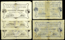 Huercal-Overa (Almería). Consejo Municipal. 25 (tres) y 50 céntimos (dos). (KG. 412) (RGH. 2889 y 2890). 5 billetes. Escasos. BC-/BC+.