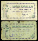 Lucainena de las Torres (Almería). Consejo Municipal. 25 céntimos y 1 peseta. (KG. 457) (RGH. 3244, sin imagen y 3246). 2 billetes. Muy raros. BC-/MBC...