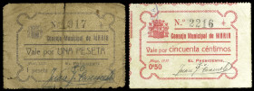 María (Almería). Consejo Municipal. 50 céntimos y 1 peseta. (KG. 478 y 478a) (RGH. 3378 y 3379a). Raros. BC/MBC.