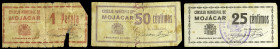 Mojácar (Almería). Consejo Municipal. 25, 50 céntimos y 1 peseta. (KG. 499 y falta) (RGH. 3574, 3575 y 3576 sin imagen). 3 billetes, dos rotos y cosid...