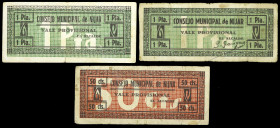 Níjar (Almería). Consejo Municipal. 50 céntimos y 1 peseta (dos). (KG. 534) (RGH. 3832 y 3833). 3 billetes, todos los de la localidad. Uno de peseta c...
