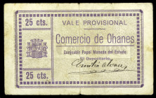 Ohanes (Almería). Comercio. 25 céntimos. (KG. 543) (RGH. 3886 sin imagen ni precio). Tampón de la Alcaldía Constitucional. Rarísimo. MBC-.