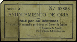 Oria (Almería). Ayuntamiento. 50 céntimos. (KG. 555) (RGH. 3977). Roto y pegado en la época. Muy raro. (BC).