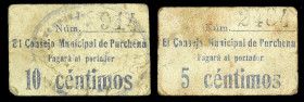 Purchena (Almería). Consejo Municipal. 5 y 10 céntimos. (KG. 623) (RGH. 4420 y 4421). 2 cartones, serie completa. Muy raros. BC+/MBC-.