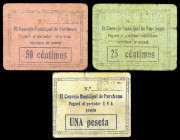 Purchena (Almería). Consejo Municipal. 25, 50 céntimos y 1 peseta. (KG. 623) (RGH. 4417 a 4419). 3 cartones, serie completa. Muy raros. BC/MBC-.