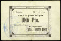 Purchena (Almería). Ayuntamiento Constitucional. 1 peseta. (Inédito). Depositario Tomás Fuentes Mena. Nº 493. Muy raro. MBC-.