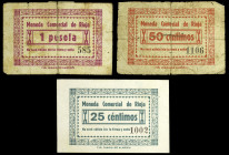 Rioja (Almería). Moneda Comercial. 25, 50 céntimos y 1 peseta. (KG. 643) (RGH. 4525, 4526 sin imagen y 4527). 3 billetes, todos los de la localidad. D...