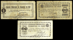 Roquetas de Mar (Almería). Consejo Municipal. 25, 50 céntimos y 1 peseta. (KG. 651) (RGH. 4575 a 4577). 3 billetes. Muy raros. BC/MBC.