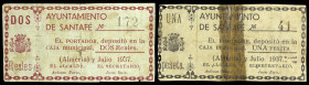 Santafé (Almería). Ayuntamiento. 1 peseta y 2 reales. (KG. 685) (RGH. 4748 y 4749). 2 billetes, uno roto y pegado en la época. Nº 41 y 172. Tampones e...
