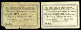 Serón (Almería). Consejo Municipal. 50 céntimos y 1 peseta. (KG. 699 y falta) (RGH. 4836 y 4837). 2 cartones recortados de libros del Ayuntamiento. Ra...