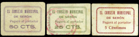Serón (Almería). Consejo Municipal. 5, 25 y 50 céntimos. (KG. 699a y falta) (RGH. 4842, 4843 y falta). 3 cartones recortados de libros del Ayuntamient...