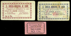 Serón (Almería). Consejo Municipal. 10 céntimos, 1 y 2 pesetas. (KG. 699a y falta) (RGH. 4838, 4839 y 4841). 3 cartones recortados de libros del Ayunt...