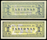 Tabernas (Almería). Ayuntamiento. 25 céntimos y 1 peseta. (KG. 716) (RGH. 4942 y 4943). 2 billetes, todos los de la localidad. Raros y más así. MBC+/E...