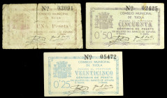 Tíjola (Almería). Consejo Municipal. 25, 50 céntimos y 1 peseta. (KG. 726) (RGH. 5002 a 5004). 3 billetes, serie completa. Raros. BC-/EBC-.