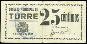 Turre (Almería). Consejo Municipal. 25 céntimos. (KG. 750) (RGH. 5187). Raro. MBC-.