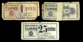 Turre (Almería). Consejo Municipal. 25, 50 céntimos y 1 peseta. (KG. 750) (RGH. 5187 a 5189). 3 billetes, serie completa. Dos rotos y pegados en la ép...