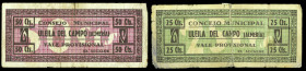 Uleila del Campo (Almería). Consejo Municipal. 25 y 50 céntimos. (KG. 754) (RGH. 5215 y 5216). 2 billetes, uno roto y pegado en la época. Raros. BC-/B...