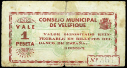 Velefique (Almería). Consejo Municipal. 1 peseta. (KG. falta) (RGH. 5423). Dos charnelas. Muy raro. BC.
