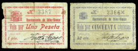 Vélez-Blanco (Almería). Ayuntamiento. 50 céntimos y 1 peseta. (KG. falta) (RGH. 5425 y 5426). Abril. 2 billetes, serie completa. Raros. BC.