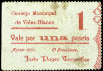 Vélez-Blanco (Almería). Consejo Municipal. 1 peseta. (KG. 778a) (RGH. 5430). Agosto. Muy raro. MBC-.