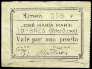 Vélez-Blanco (Almería). Topares. José María Marín. 1 peseta. (KG. falta) (RGH. 5433). Tampones del Sindicato Agrícola y Sociedad Obrera U.G.T. Rarísim...