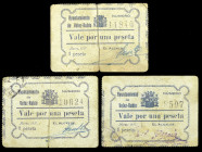 Vélez-Rubio (Almería). Ayuntamiento. 1 peseta (tres). (KG. 779) (RGH. 5435 y 5435 var). 3 cartones, firmas o dentados distintos. Raros. BC/MBC-.