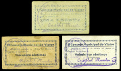 Viator (Almería). Consejo Municipal. 25, 50 céntimos y 1 peseta. (KG. 783) (RGH. 5476, 5477 sin imagen y 5478). 3 cartones, serie completa. Raros. MBC...