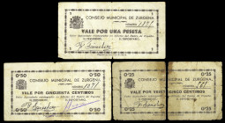 Zurgena (Almería). Consejo Municipal. 25, 50 céntimos y 1 peseta. (KG. 842) (RGH. 5864 a 5866). 3 billetes, uno roto por la mitad. Muy raros. BC-/MBC-...