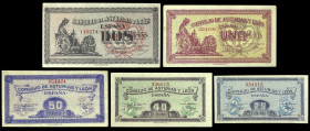 Asturias y León. 25, 40, 50 céntimos, 1 y 2 pesetas. (Ed. C45 a C49) (Ed. 394 a 398). 5 billetes, serie completa. MBC+/EBC+.
