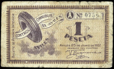 Avilés (Asturias). Control Omnibus. 1 peseta. (KG. falta) (RGH. 797). Raro. BC+.