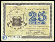 Avilés (Asturias). Compañía Popular de Gas y Electricidad. 25 céntimos. (KG. 111a) (RGH. 799). Raro. BC+.