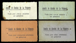 La Felguera (Asturias). Comité de Abastos. 10, 50 céntimos, 1 y 5 pesetas "en géneros". (KG. falta) (RGH. 2427 a 2430). 4 billetes, serie completa. Pu...
