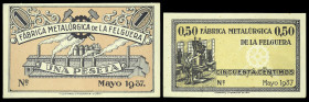 La Felguera (Asturias). Fábrica Metalúrgica. 50 céntimos y 1 peseta. (KG. 347) (RGH. 2432 y 2433). 2 billetes. Raros y más así. EBC.