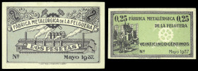 La Felguera (Asturias). Fábrica Metalúrgica. 25 céntimos y 2 pesetas. (KG. 347) (RGH. 2431 y 2434a). 2 billetes. Raros y más así. EBC-/EBC+.