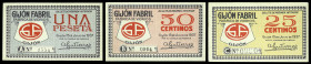 Gijón (Asturias). Fábrica de Vidrios. 25, 50 céntimos y 1 peseta. (KG. falta) (RGH. 2659 a 2661). 3 billetes, serie completa. Escasos. EBC/EBC+.