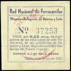 Gijón (Asturias). Red Nacional de Ferrocarriles. Norte - Delegación de Asturias y León. 25 céntimos. (KG. falta) (RGH. 2665). Ex Áureo 08/03/1994, nº ...