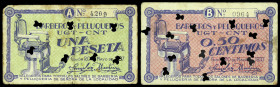 Gijón (Asturias). Barberos y Peluqueros. U.G.T.-C.N.T. 50 céntimos y 1 peseta. (KG. falta) (RGH. 2677 y 2678). Diversos taladros en forma de trébol. R...