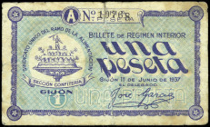 Gijón (Asturias). Sindicato Único del Ramo de la Alimentación. Sección Confitería. 1 peseta. (KG. 387a, lo reseña como RRR) (RGH. 2682). Roto y pegado...