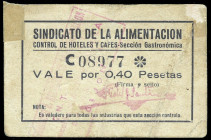 Gijón (Asturias). Sindicato de la Alimentación. Control de Hoteles y Cafés. Sección Gastronómica. 40 céntimos. (KG. 387b, lo reseña como RRR) (RGH. 26...
