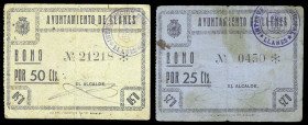 Llanes (Asturias). Ayuntamiento. 25 y 50 céntimos. (KG. 462 reseña sólo el de 50 céntimos y lo califica como RRR) (RGH. 3169 y 3170). 2 cartones. Muy ...