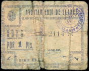 Llanes (Asturias). Ayuntamiento. 1 peseta. (KG. 462 reseña sólo el de 50 céntimos y lo califica como RRR) (RGH. 3173). Cartón. Muy raro. BC-.