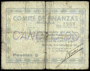 Ribadesella (Asturias). Comité de Finanzas. 5 pesetas. (KG. fatla) (RGH. 4496). Tampón CANCELADO. Muy raro. BC+.