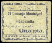 Ribadesella (Asturias). Consejo Municipal. 1 peseta. (KG. 639, lo reseña como RR) (RGH. 4499). Rarísimo. BC+.