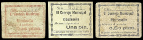 Ribadesella (Asturias). Consejo Municipal. 50 céntimos, 1 y 2 pesetas. (KG. 639, mismo ejemplar sólo indica el valor de 1 peseta y lo reseña como RR) ...