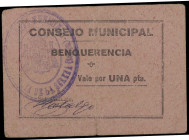 Benquerencia de la Serena (Badajoz). Consejo Municipal. 1 peseta. (KG. falta) (RGH. 1176). Cartón. Muy raro. MBC-.